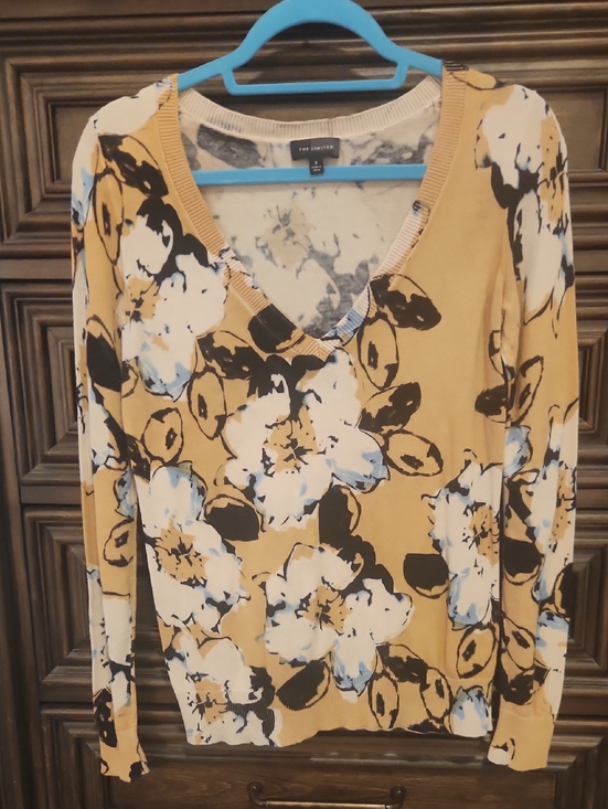 The Limited Sweaters - The Limited Mustard Floral V-Neck Long-Sleeve Sweater